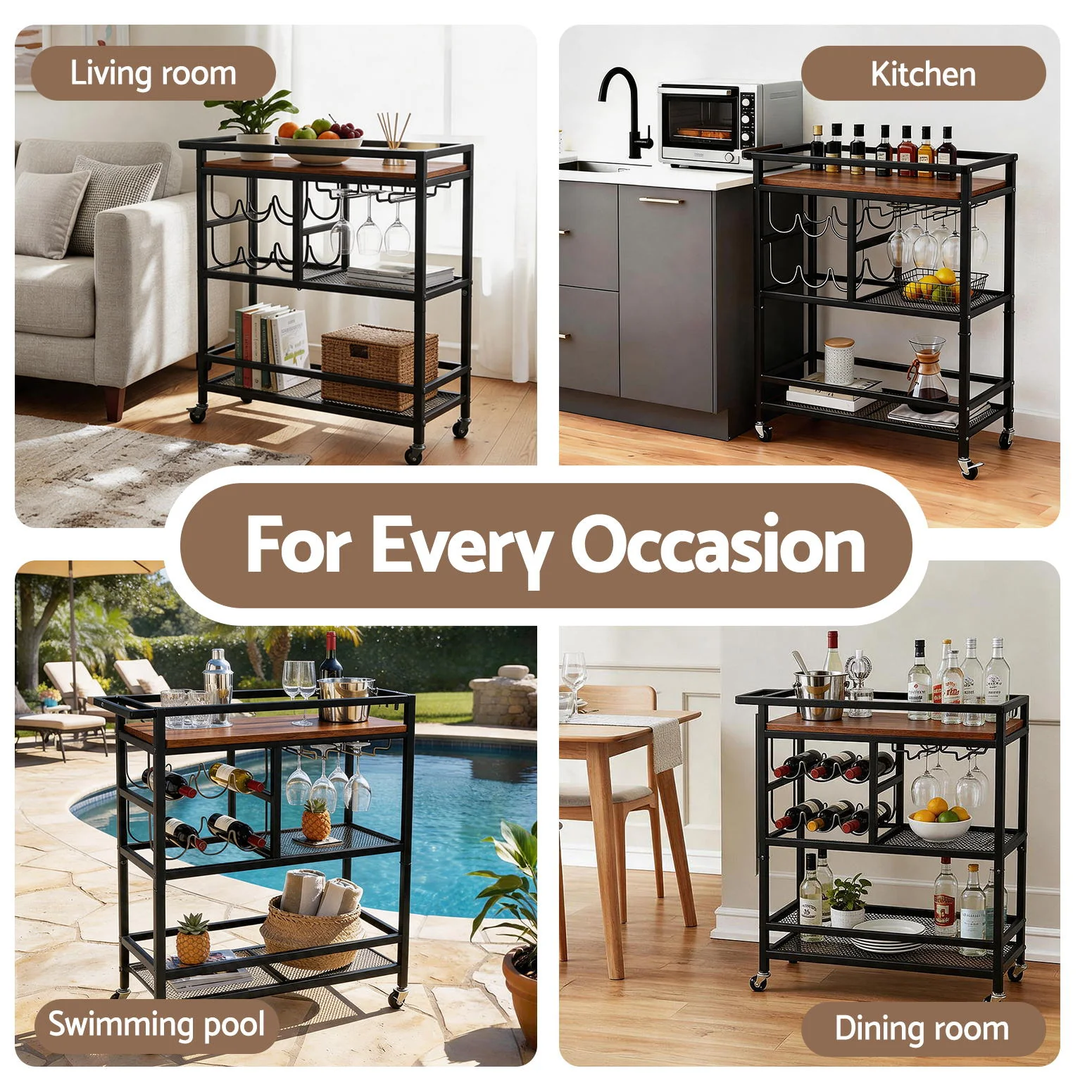 Artiss Bar Cart Drinks Trolley Serving Wine Rack Glass Holder 3 Hooks 72cm Black - Image 7