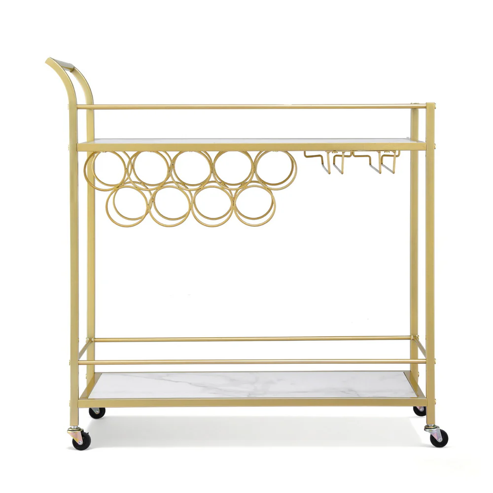 Artiss Bar Cart Drinks Trolley Serving Wine Rack Glass Holder Marble 85cm Gold - Image 3