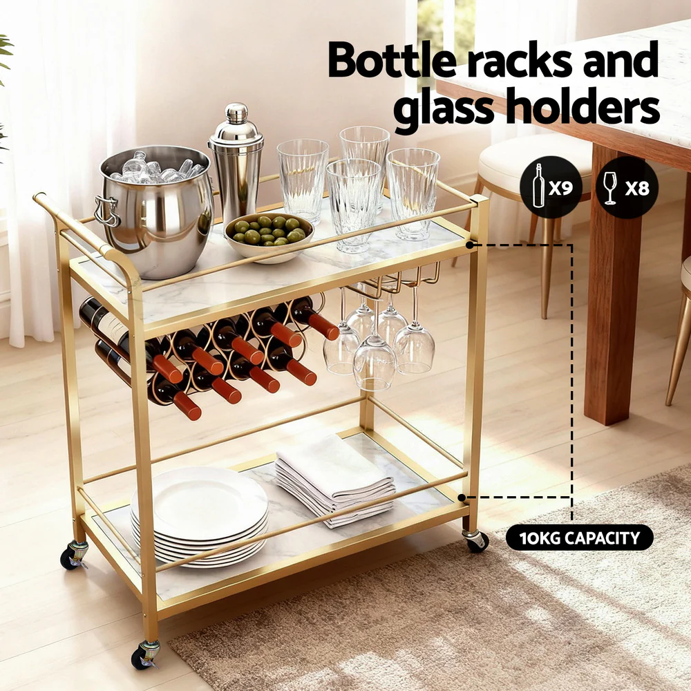 Artiss Bar Cart Drinks Trolley Serving Wine Rack Glass Holder Marble 85cm Gold - Image 4