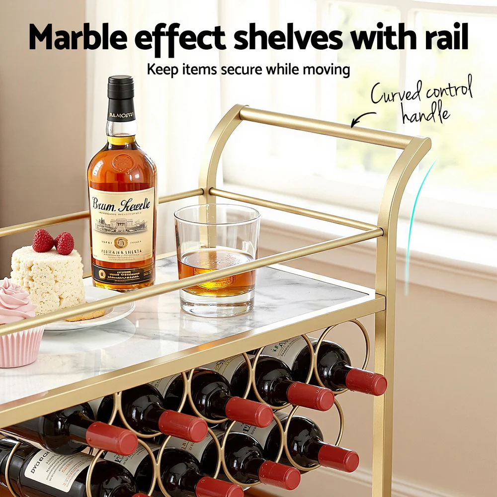 Artiss Bar Cart Drinks Trolley Serving Wine Rack Glass Holder Marble 85cm Gold - Image 5