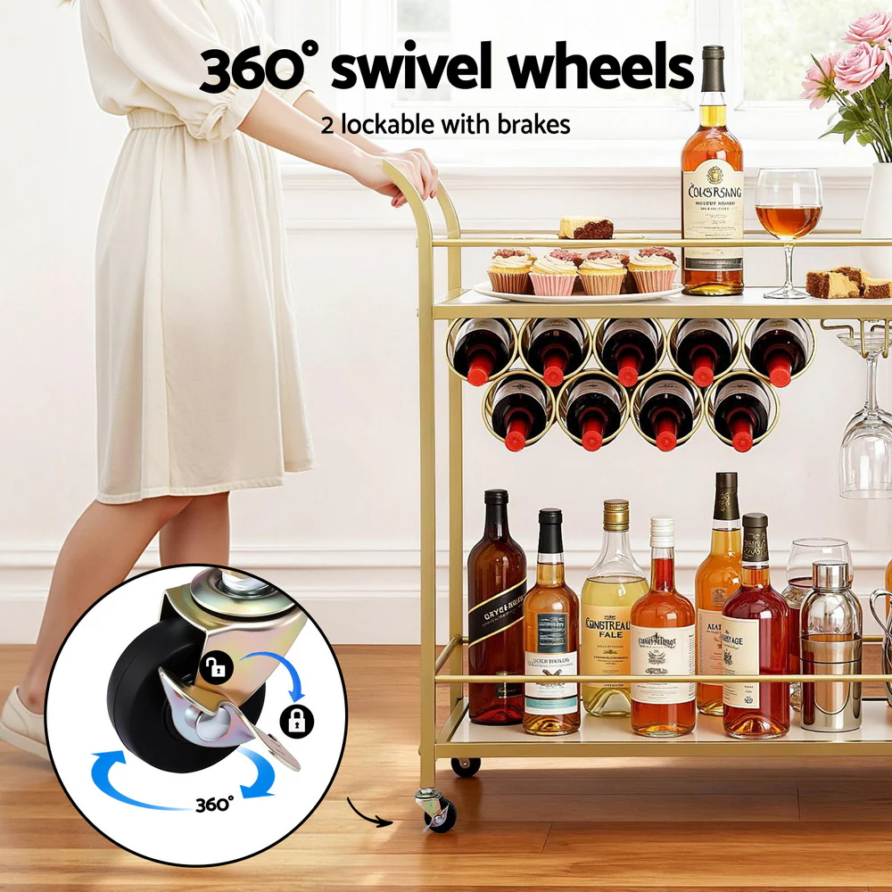Artiss Bar Cart Drinks Trolley Serving Wine Rack Glass Holder Marble 85cm Gold - Image 6