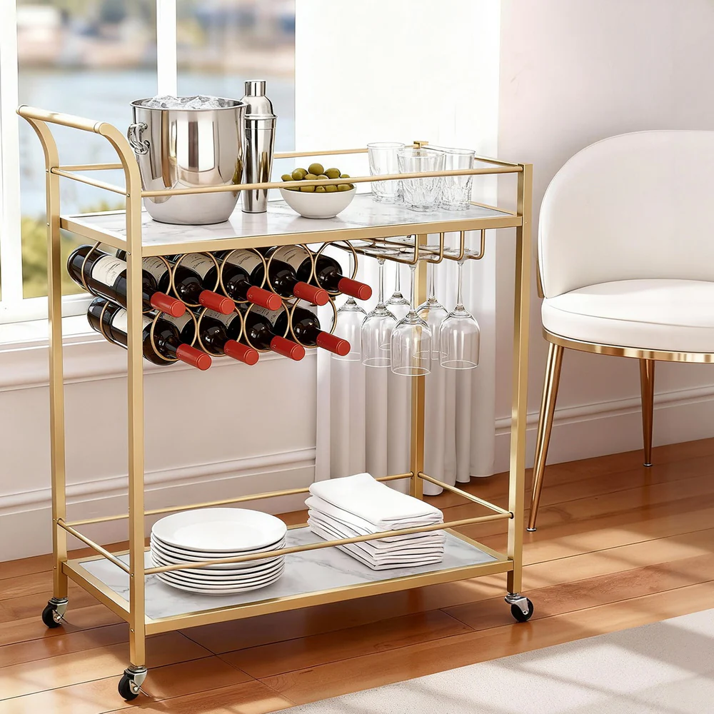 Artiss Bar Cart Drinks Trolley Serving Wine Rack Glass Holder Marble 85cm Gold - Image 7