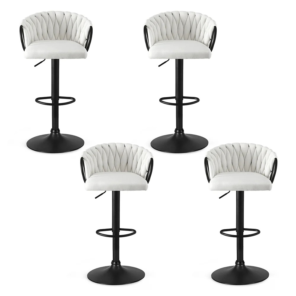 Artiss Bar Stool x4 Kitchen Dining Chair Counter Gaslift Woven Velvet Ivory - Image 3