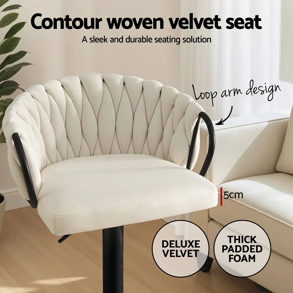 Artiss Bar Stool x4 Kitchen Dining Chair Counter Gaslift Woven Velvet Ivory - Image 5