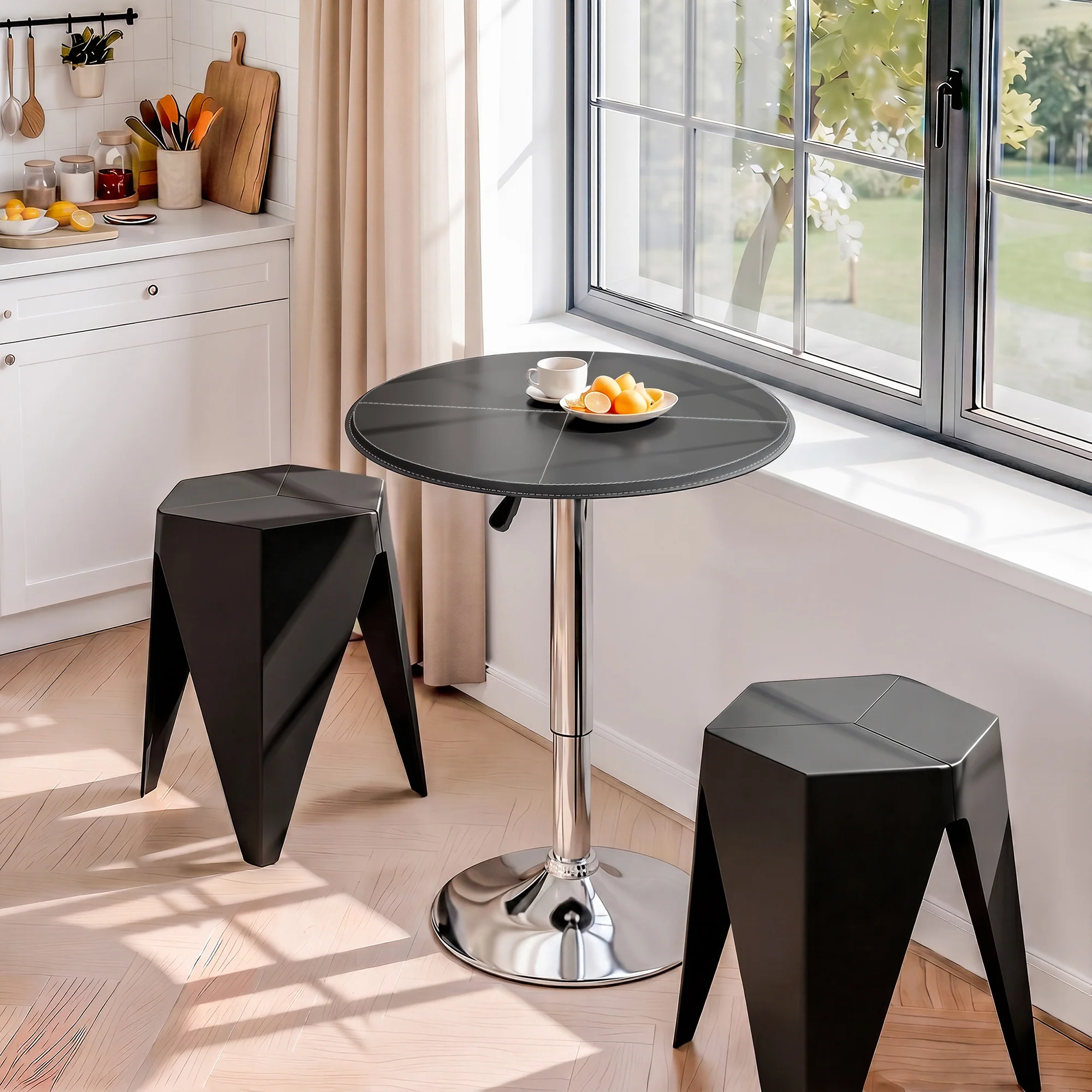 Artiss Bar Stools and Table Set 3PCS Dining Desk Kitchen Chair PVC Leather Black