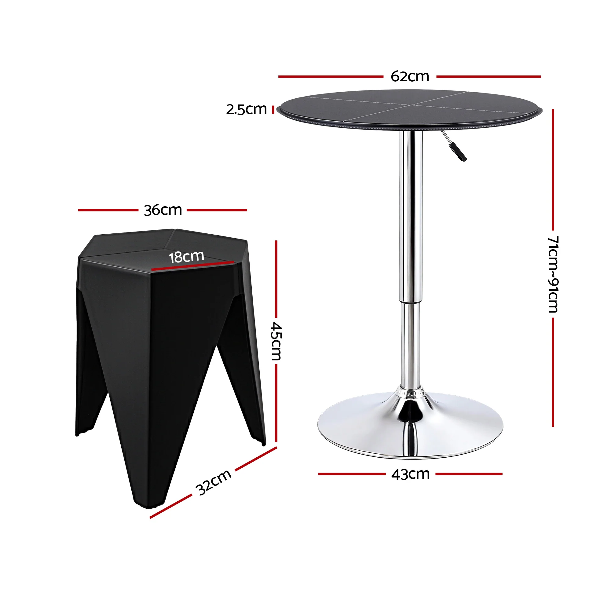 Artiss Bar Stools and Table Set 3PCS Dining Desk Kitchen Chair PVC Leather Black - Image 3