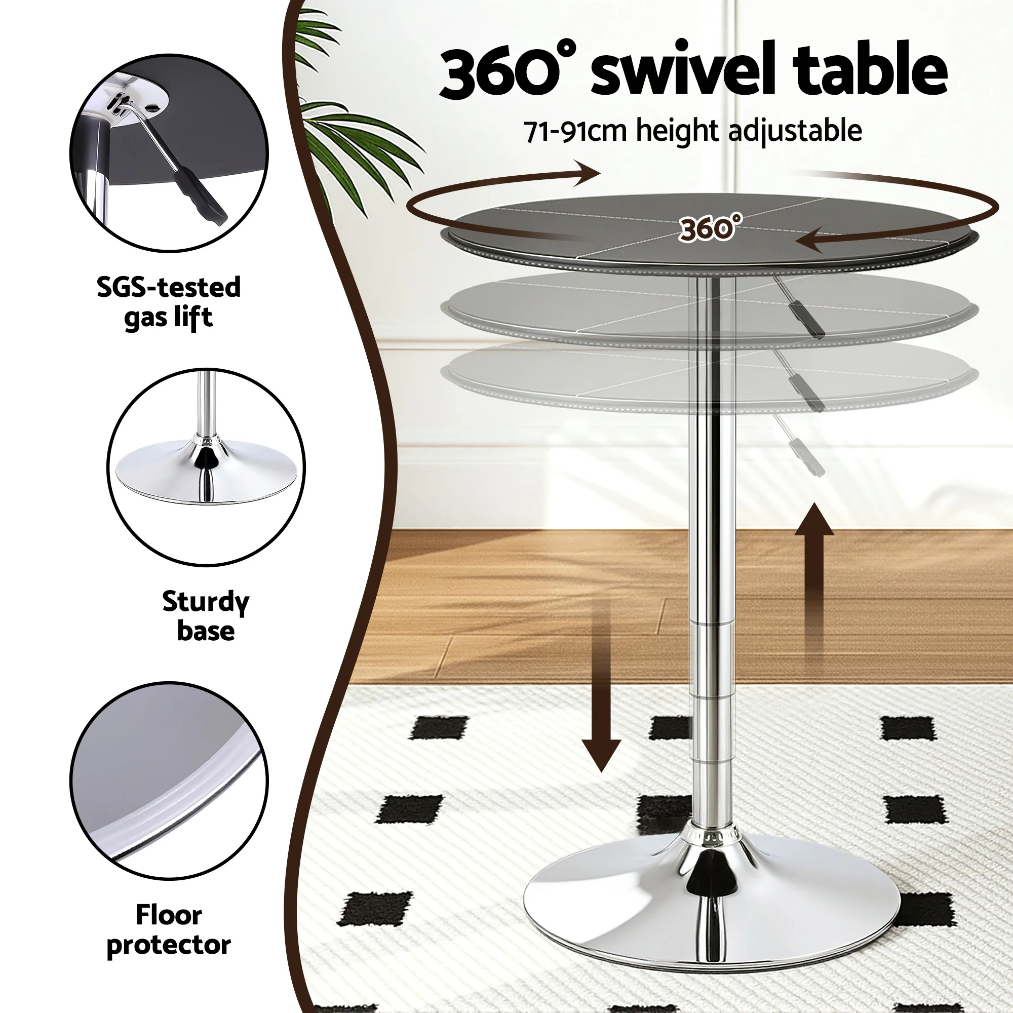 Artiss Bar Stools and Table Set 3PCS Dining Desk Kitchen Chair PVC Leather Black - Image 7