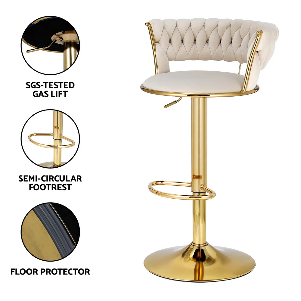 Artiss Bar Stools Gas Lift Velvet Woven Backrest Ivory - Image 5