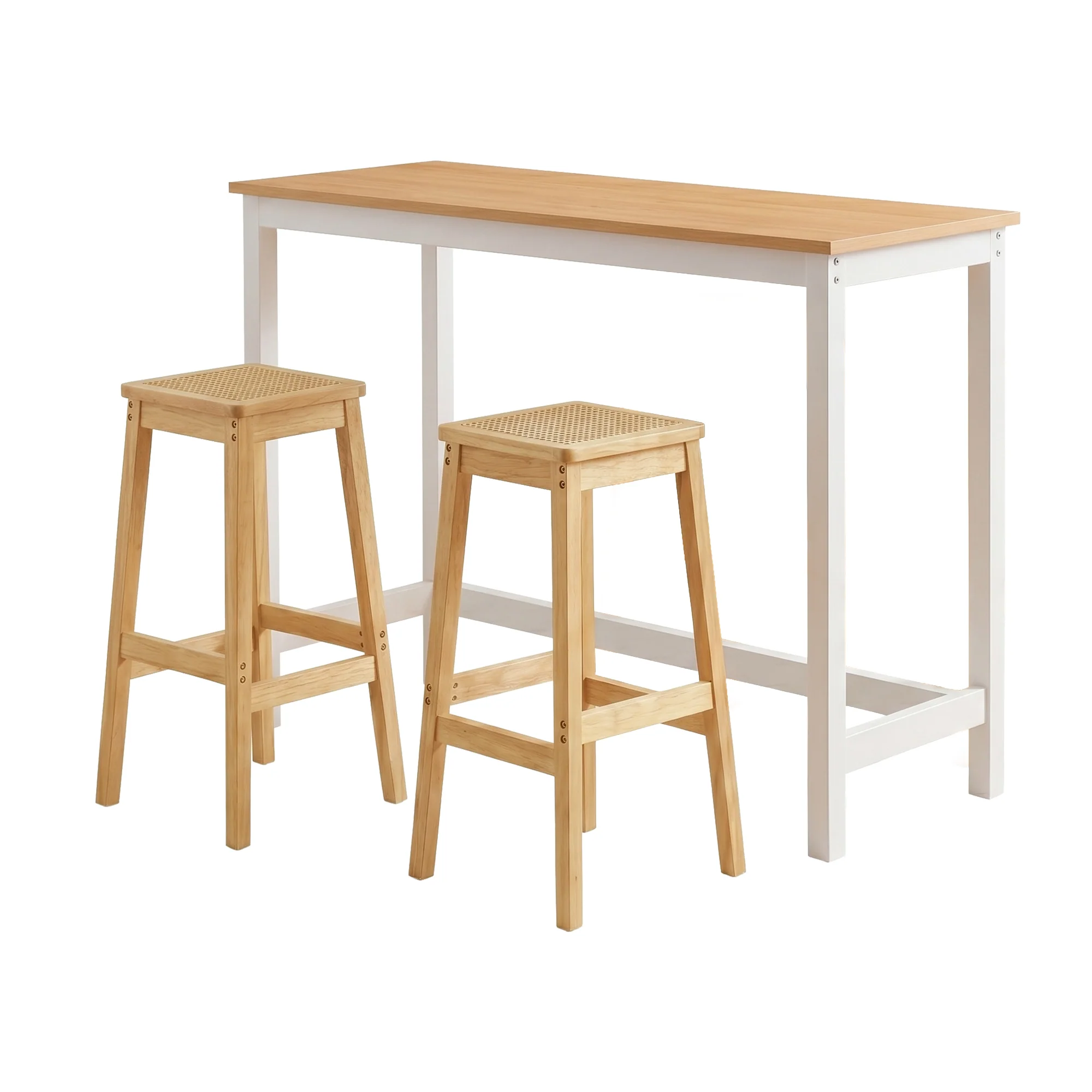 Artiss Bar Table and Stools Set Dining Desk Solid Wood Rattan Kitchen Chairs Cafe Pub - Image 2
