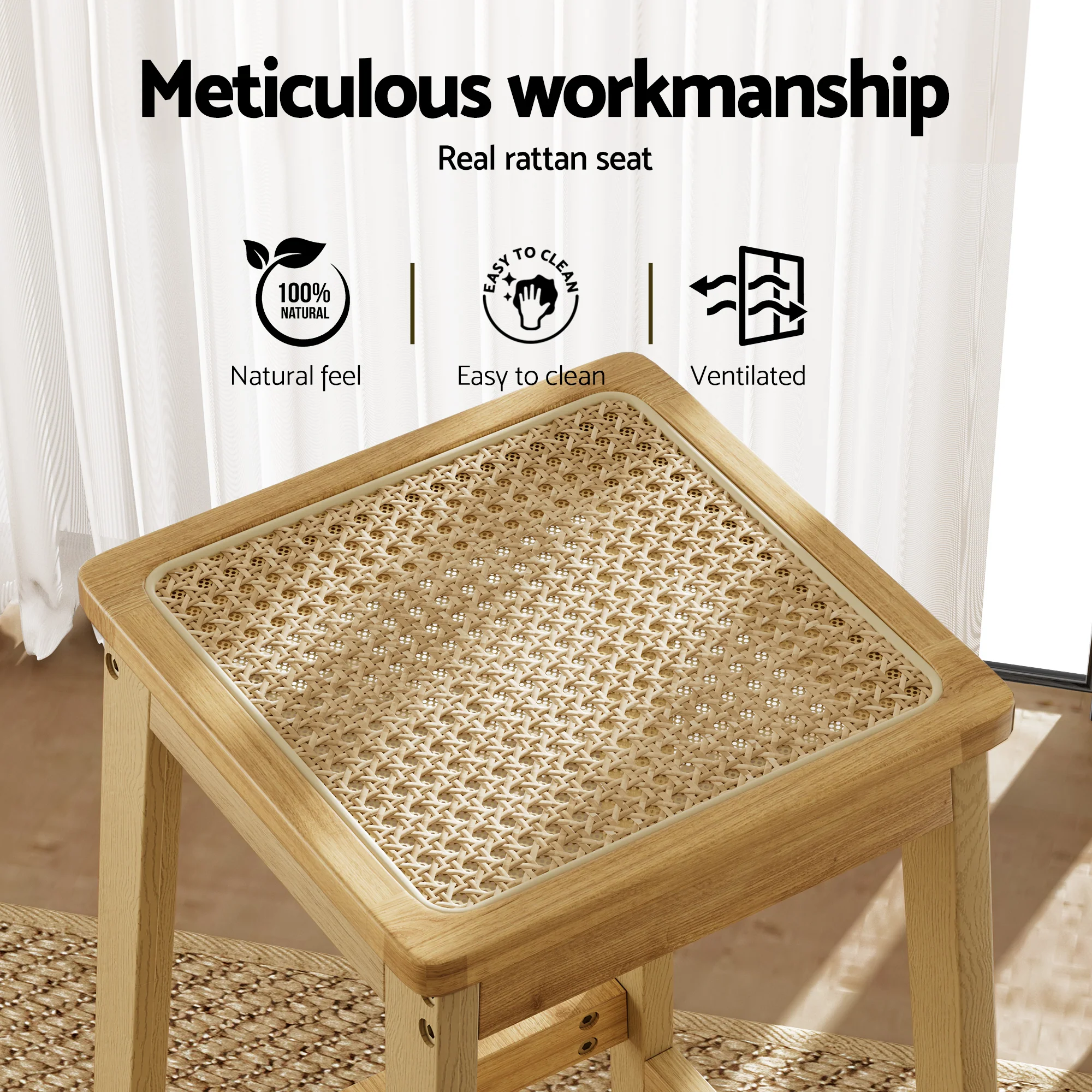 Artiss Bar Table and Stools Set Dining Desk Solid Wood Rattan Kitchen Chairs Cafe Pub - Image 6