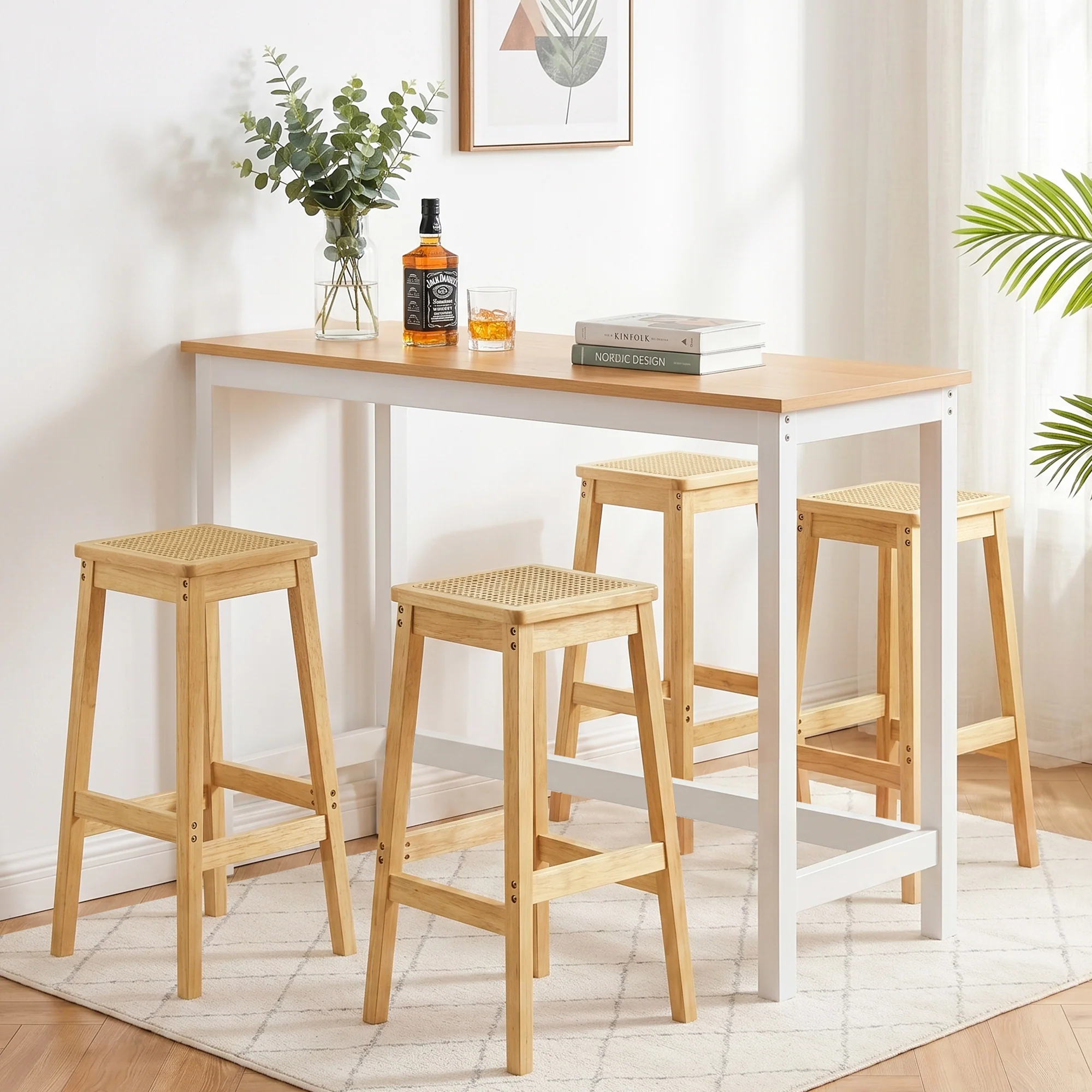 Artiss Bar Table and Stools Set Dining Desk Wood Rattan Kitchen Chairs Cafe Pub