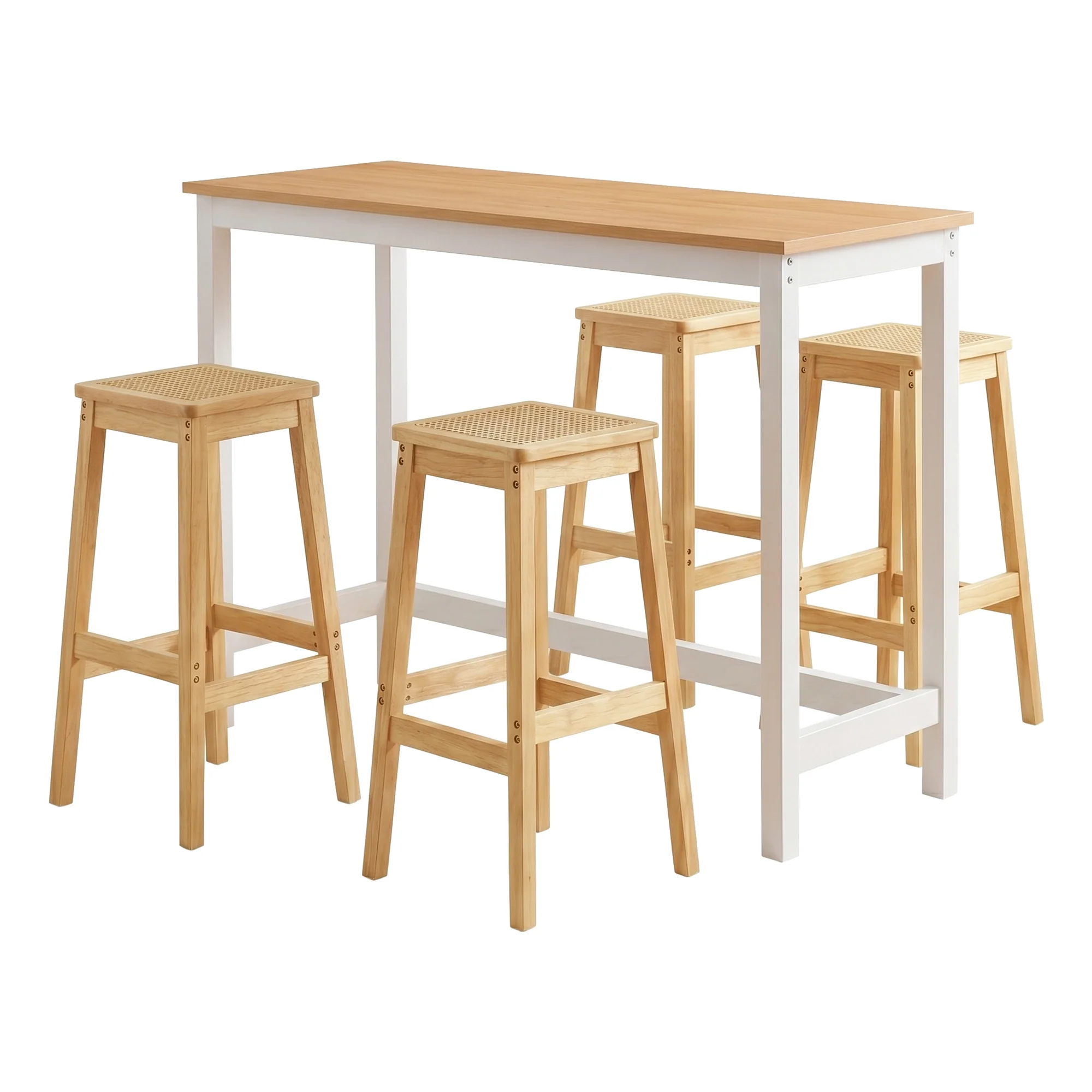 Artiss Bar Table and Stools Set Dining Desk Wood Rattan Kitchen Chairs Cafe Pub - Image 2