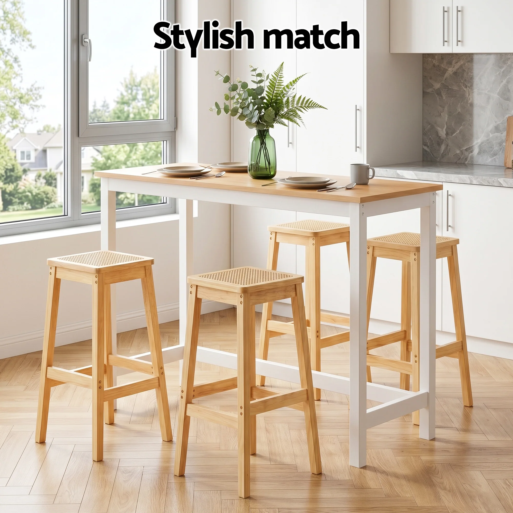 Artiss Bar Table and Stools Set Dining Desk Wood Rattan Kitchen Chairs Cafe Pub - Image 5