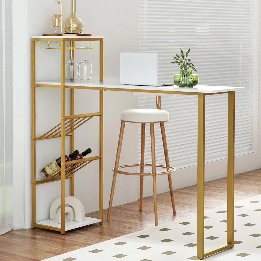 Artiss Bar Table Dining Storage Shelf Wine Rack Home Kitchen Office Desk Gold - Image 5