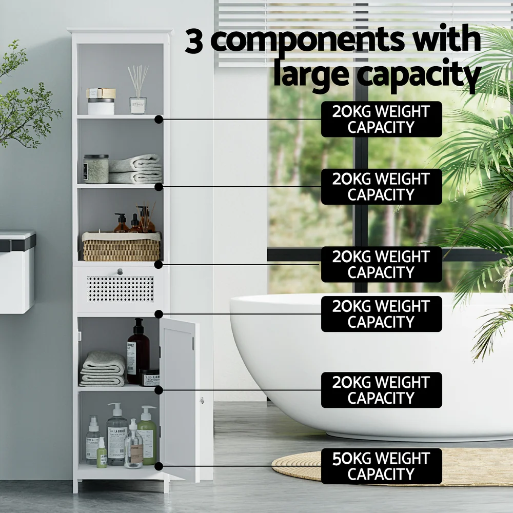 Artiss Bathroom Cabinet Storage 161cm White Rattan Tallboy Toilet Cupboard - Image 4