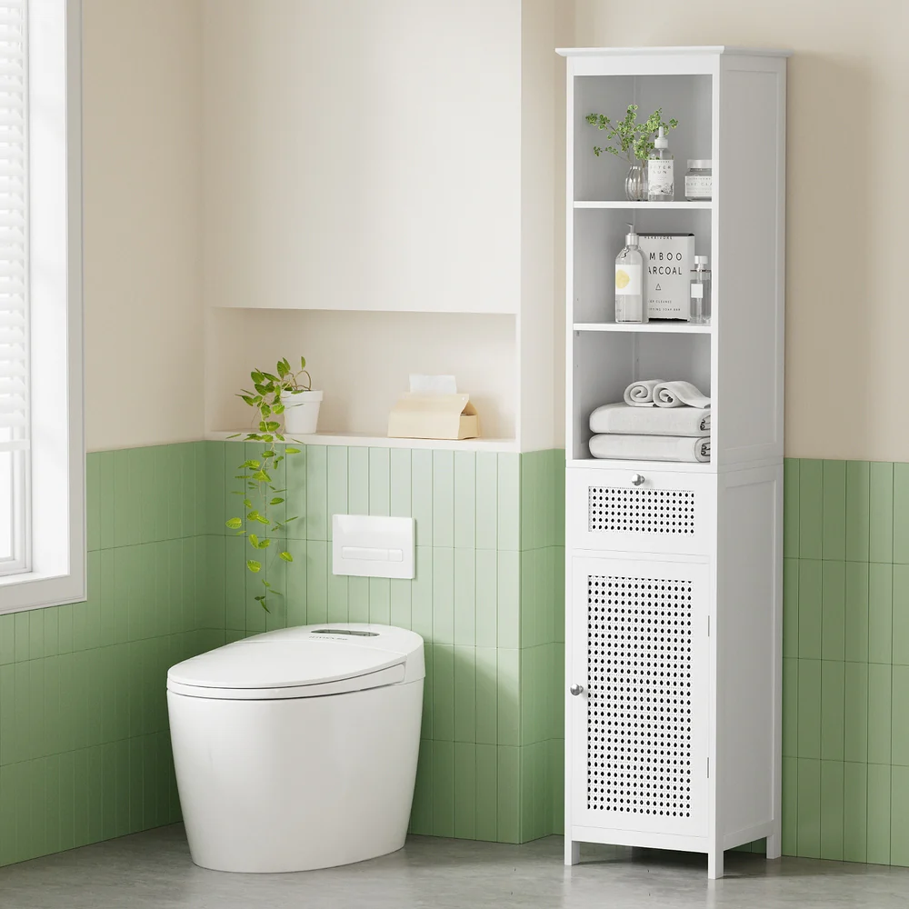 Artiss Bathroom Cabinet Storage 161cm White Rattan Tallboy Toilet Cupboard - Image 6