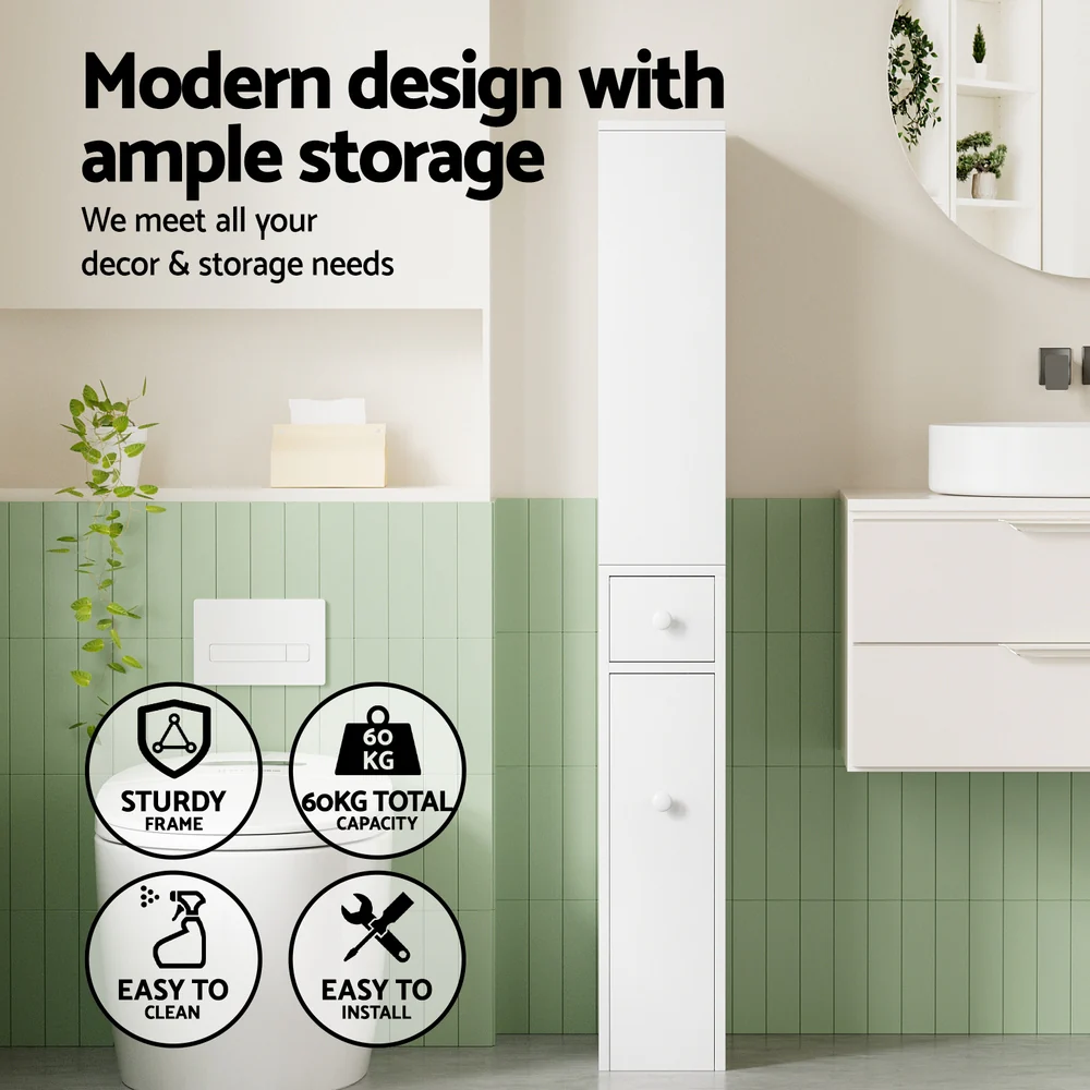 Artiss Bathroom Cabinet Storage Slim Organiser Drawer Toilet Corner 135cm White - Image 4