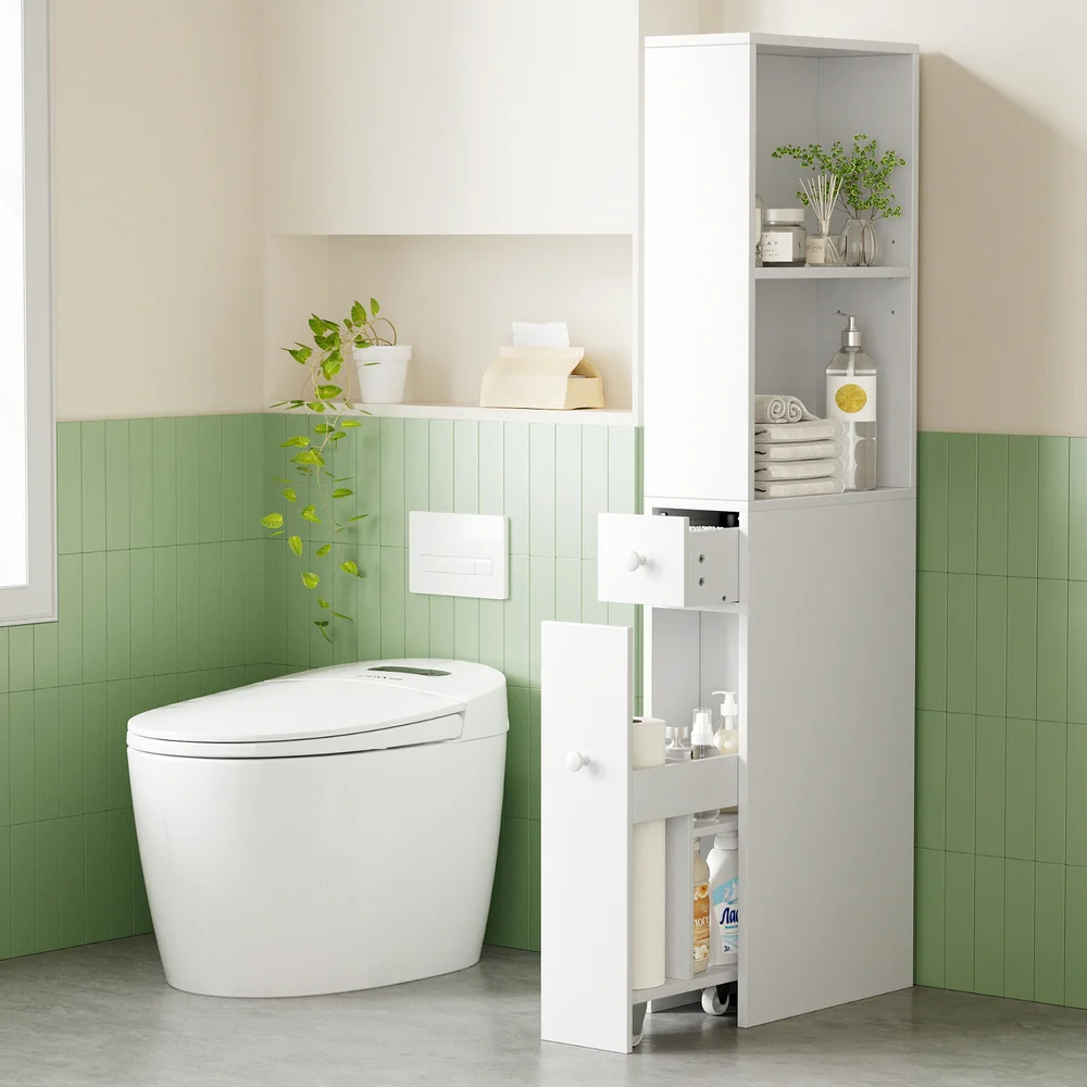 Artiss Bathroom Cabinet Storage Slim Organiser Drawer Toilet Corner 135cm White - Image 7