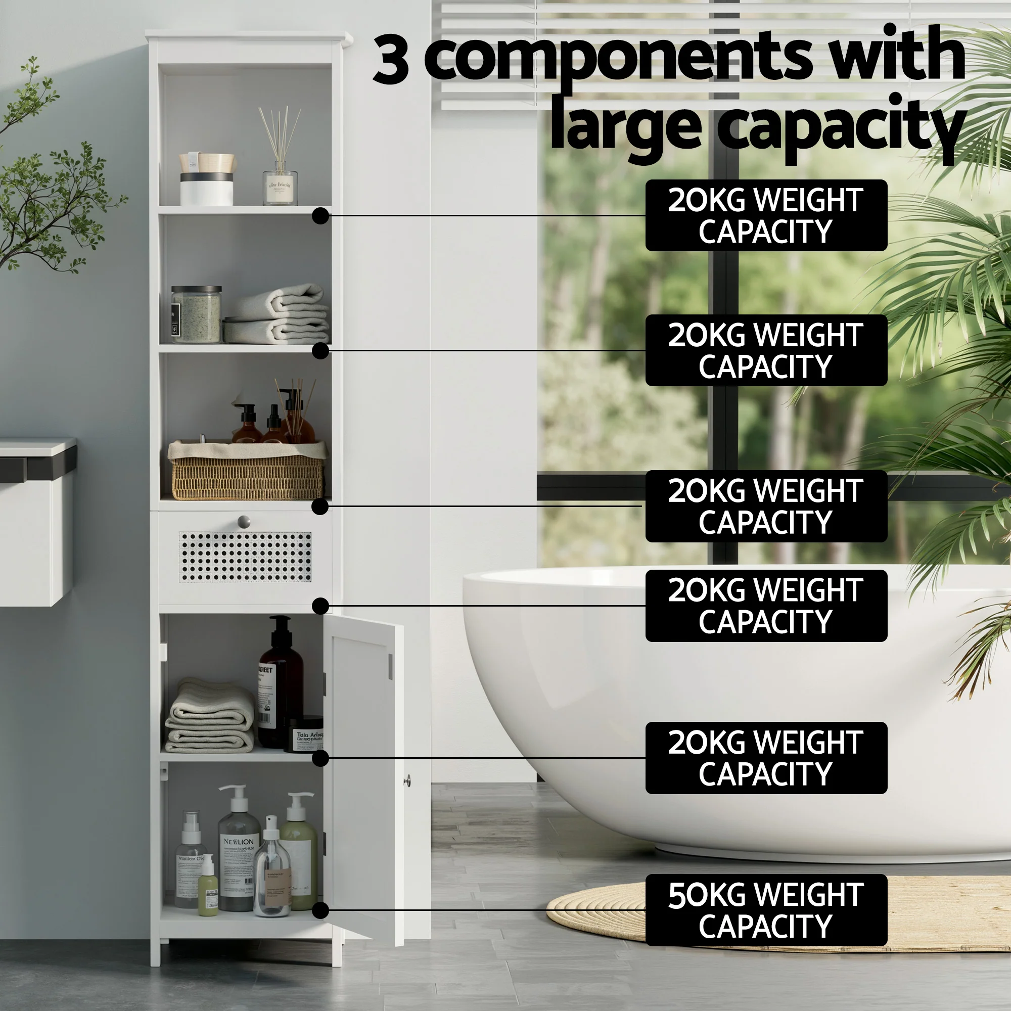 Artiss Bathroom Cabinet Storage X2 White Rattan 161cm - Image 5