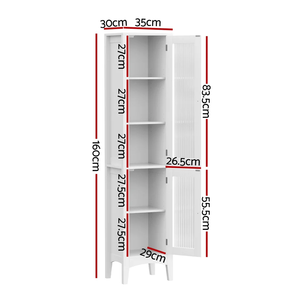 Artiss Bathroom Storage Cabinet 160cm Tall Slim Floor Cupboard Toilet Glass Door White - Image 2