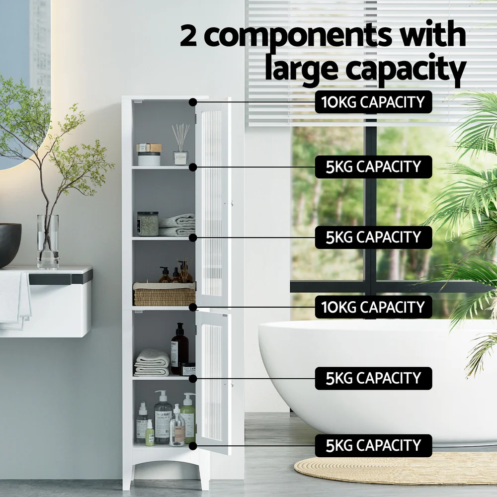 Artiss Bathroom Storage Cabinet 160cm Tall Slim Floor Cupboard Toilet Glass Door White - Image 4