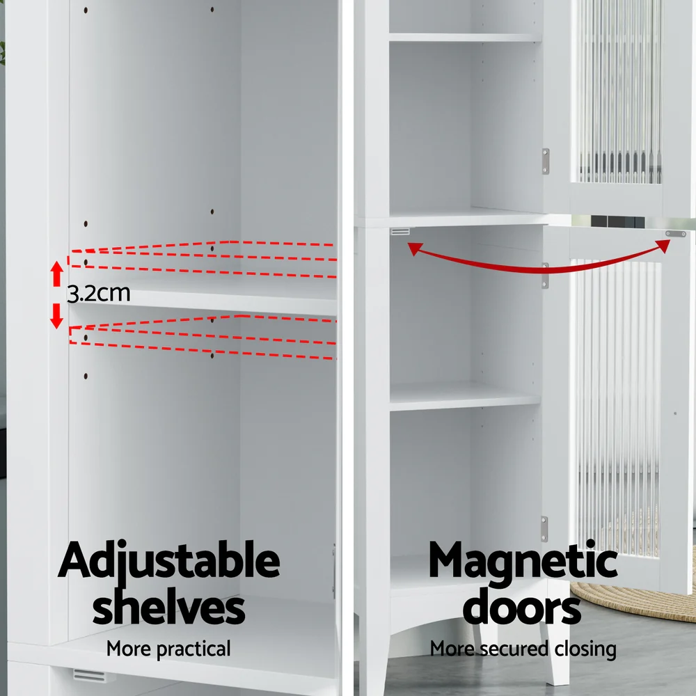 Artiss Bathroom Storage Cabinet 160cm Tall Slim Floor Cupboard Toilet Glass Door White - Image 5