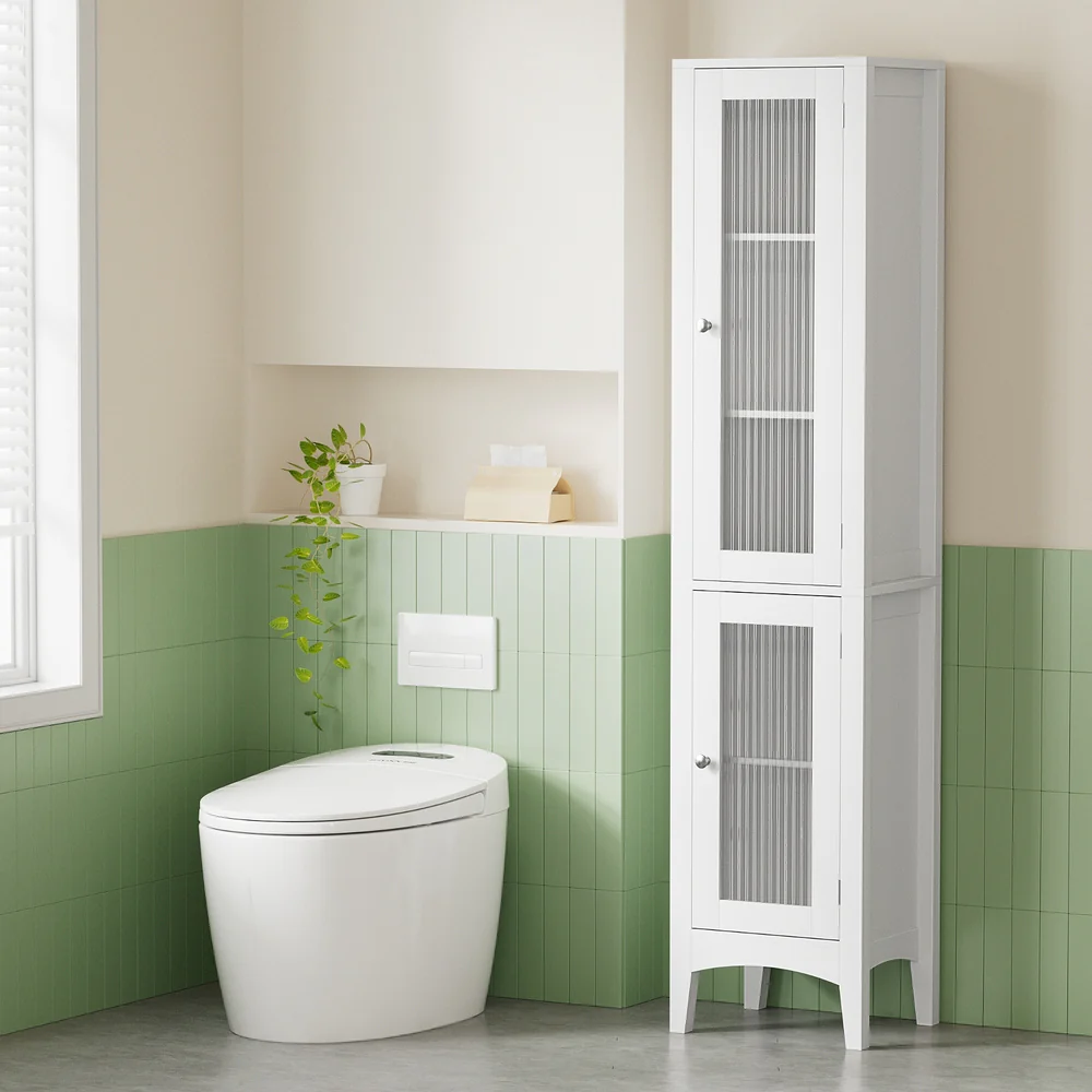 Artiss Bathroom Storage Cabinet 160cm Tall Slim Floor Cupboard Toilet Glass Door White - Image 6