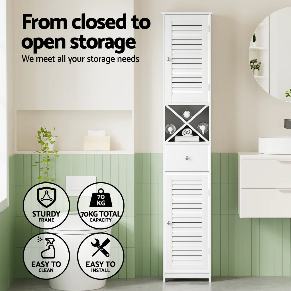 Artiss Bathroom Storage Cabinet 170cm Tall Slim Organiser Toilet Corner Adjustable Shelf Louver Door White - Image 4
