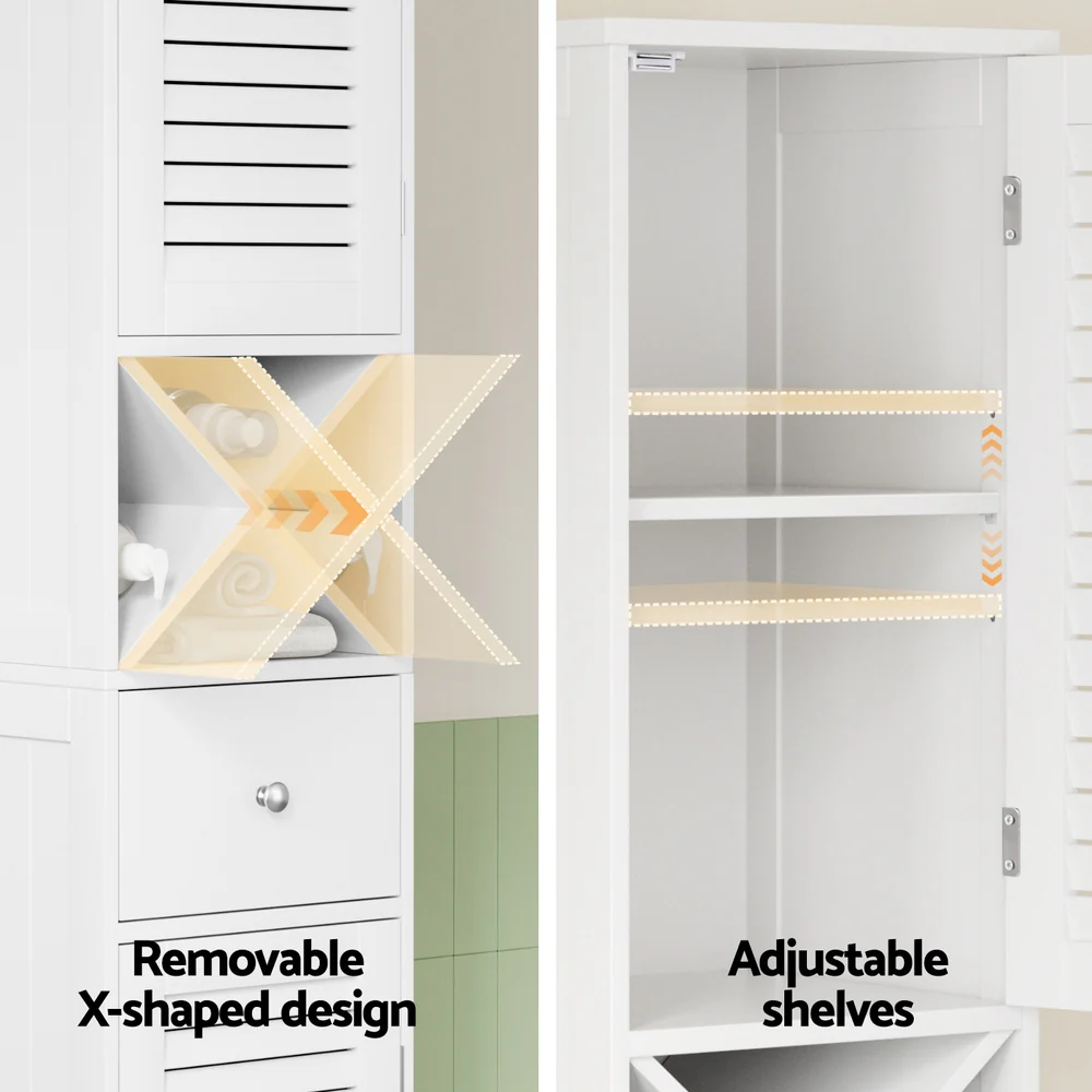 Artiss Bathroom Storage Cabinet 170cm Tall Slim Organiser Toilet Corner Adjustable Shelf Louver Door White - Image 5