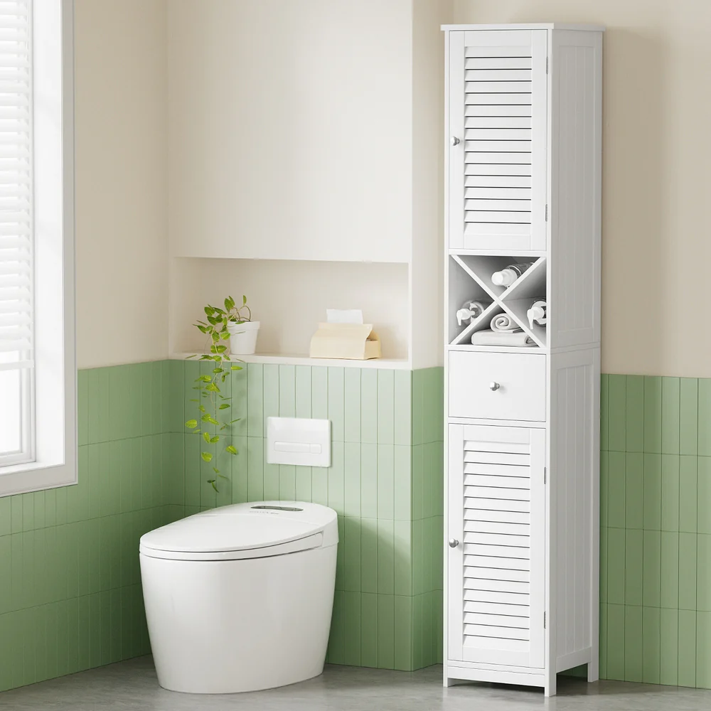 Artiss Bathroom Storage Cabinet 170cm Tall Slim Organiser Toilet Corner Adjustable Shelf Louver Door White - Image 7