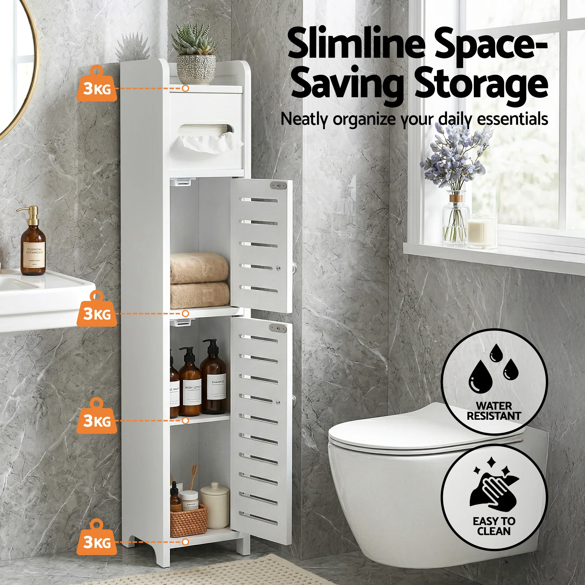 Artiss Bathroom Storage Cabinet 3-Tier Slim Toilet Paper Holder Organizer White - Image 5
