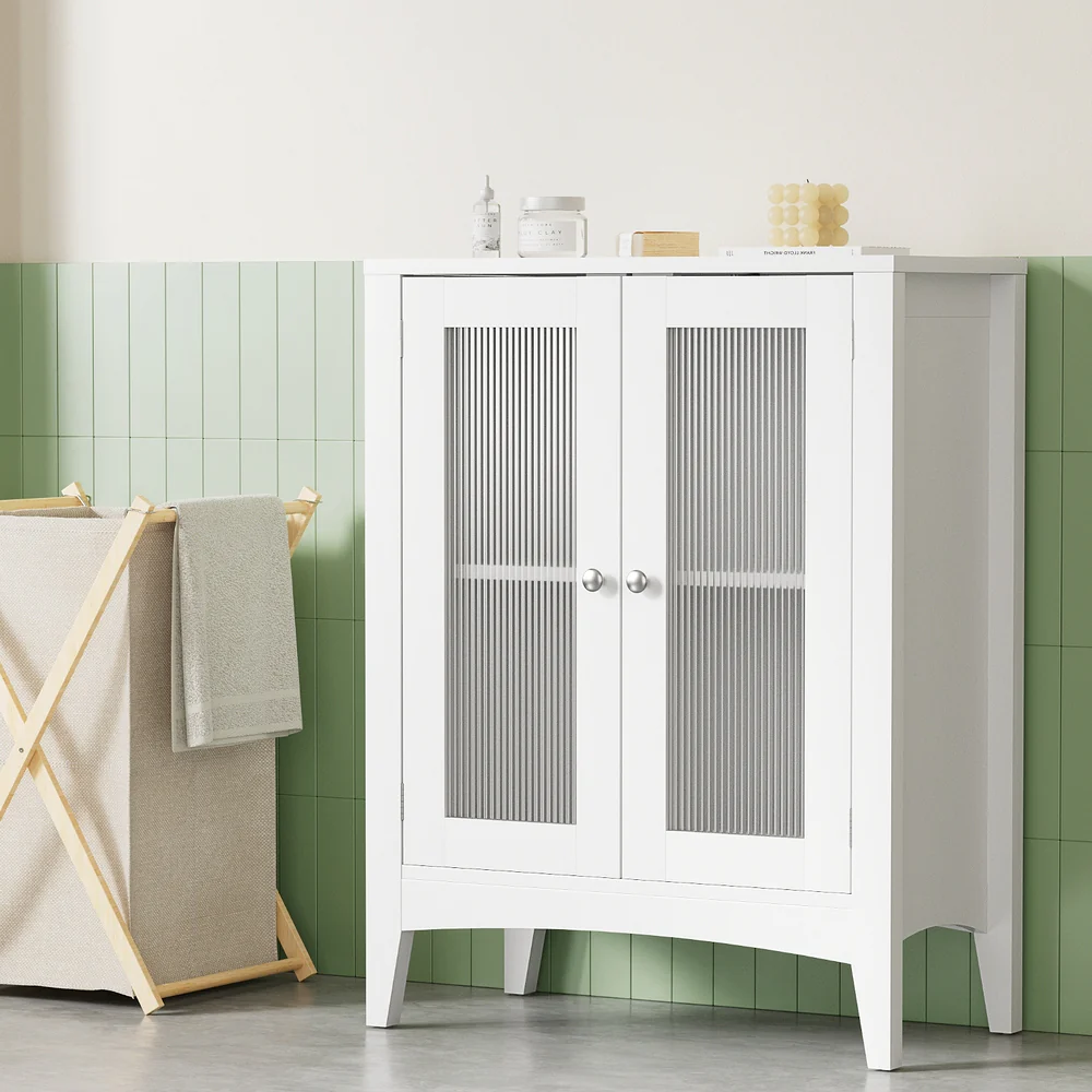 Artiss Bathroom Storage Cabinet 80cm Buffet Sideboard Floor Cupboard Toilet Glass White - Image 6