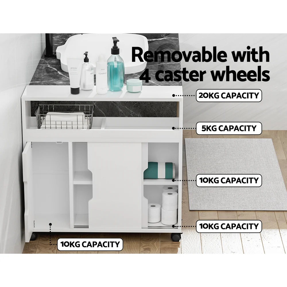 Artiss Bathroom Storage Cabinet Toilet Caddy Shelf 3 Doors With Wheels White - Image 4
