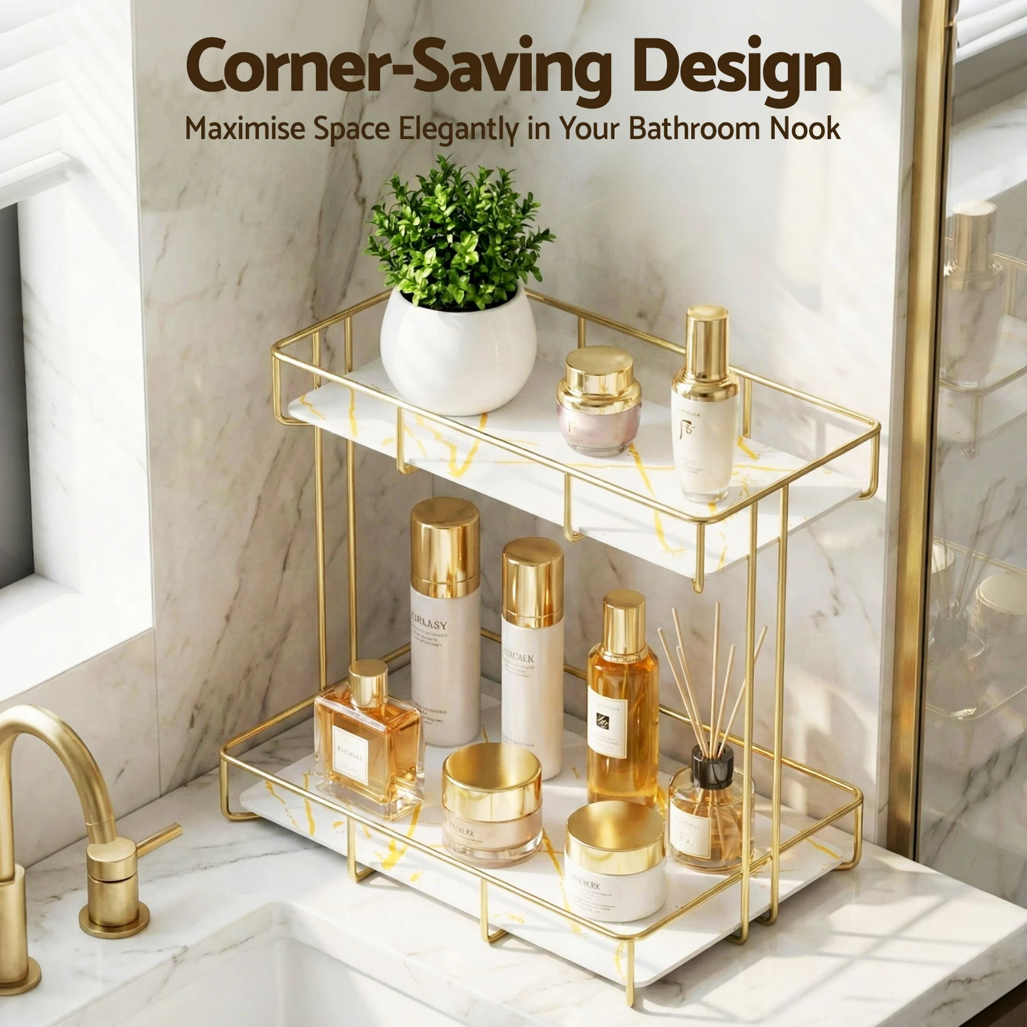 Artiss Bathroom Storage Rack 2 Tier Corner Organiser Gold Marble Look - Image 6