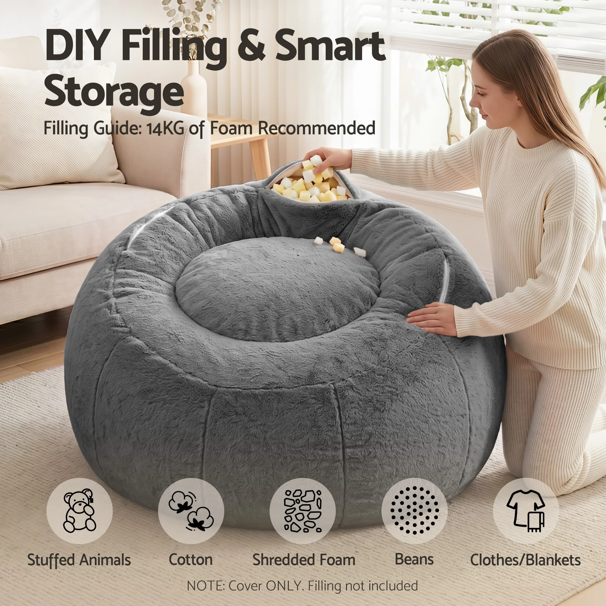 Artiss Bean Bag Chair Cover (No Filler) Soft Faux Fur Beanbag Cover Large Round Stuffed Animal Storage Bean Bag Cover Washable Lazy Sofa Cover for Adults Kids Teens, Grey - Image 6