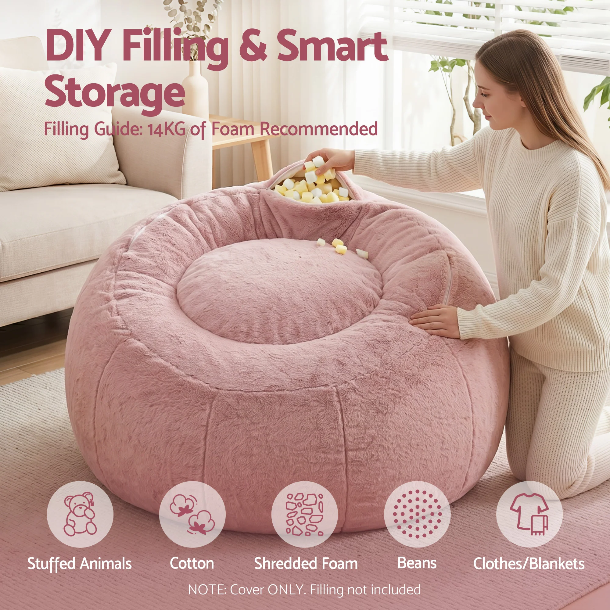 Artiss Bean Bag Chair Cover (No Filler) Soft Faux Fur Beanbag Cover Large Round Stuffed Animal Storage Bean Bag Cover Washable Lazy Sofa Cover for Adults Kids Teens, Pink - Image 6