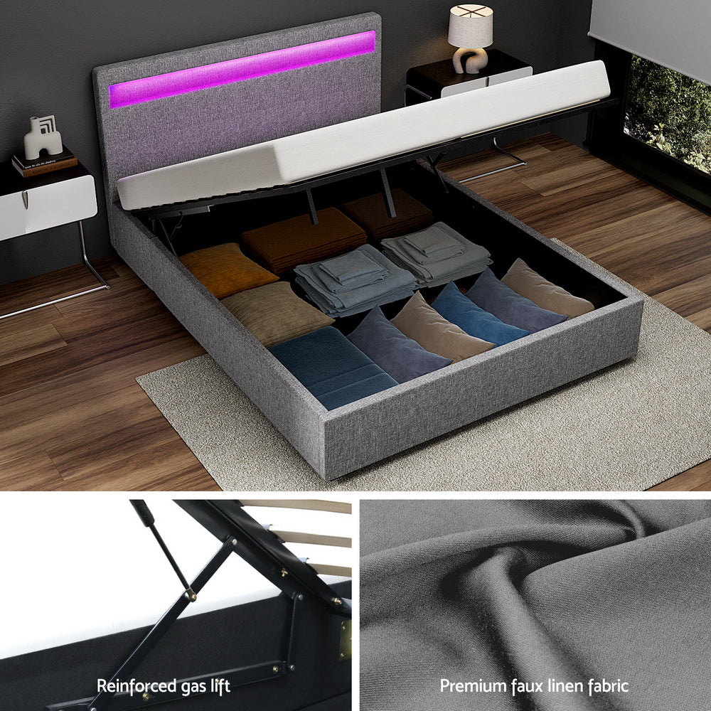 Artiss Bed Frame Double Size LED Gas Lift Grey COLE - Image 4