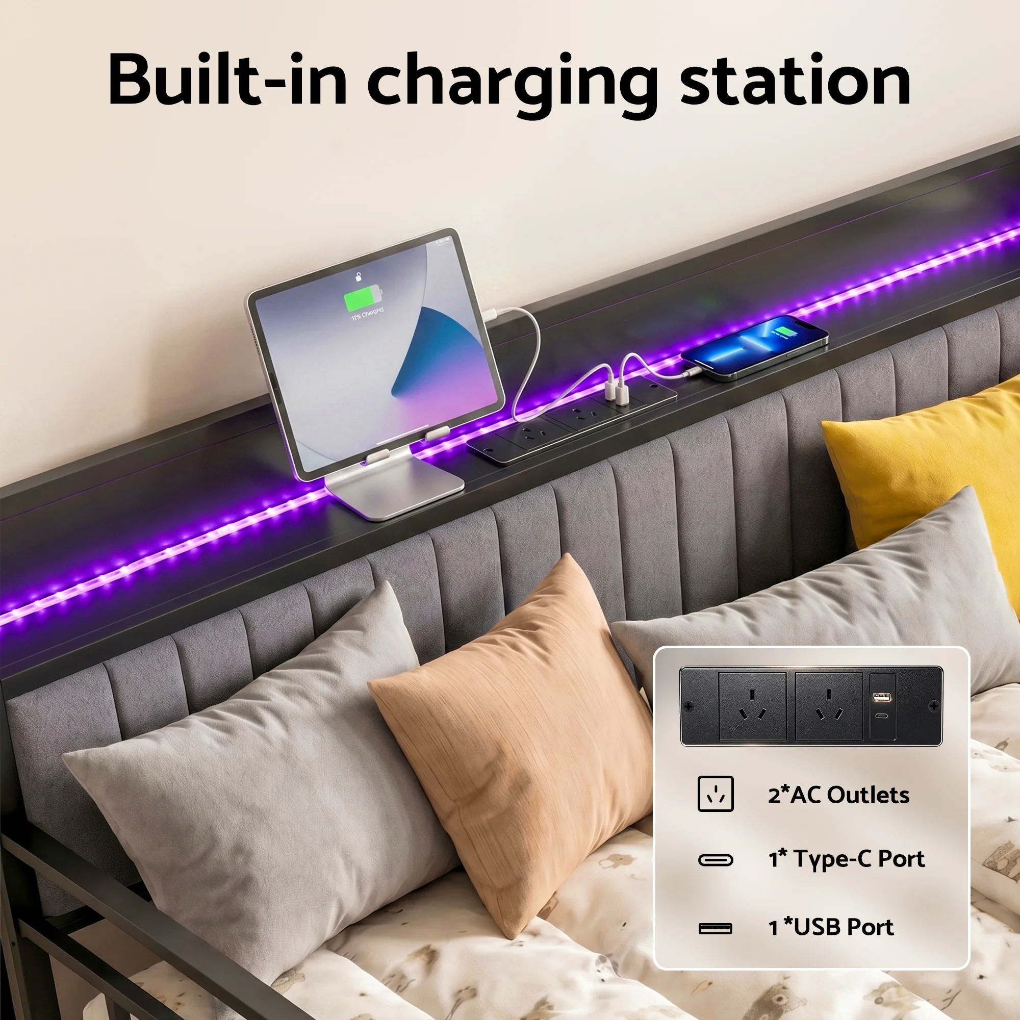 Artiss Bed Frame Double LED Metal Trundle Daybed with Charging Station TURN - Image 7
