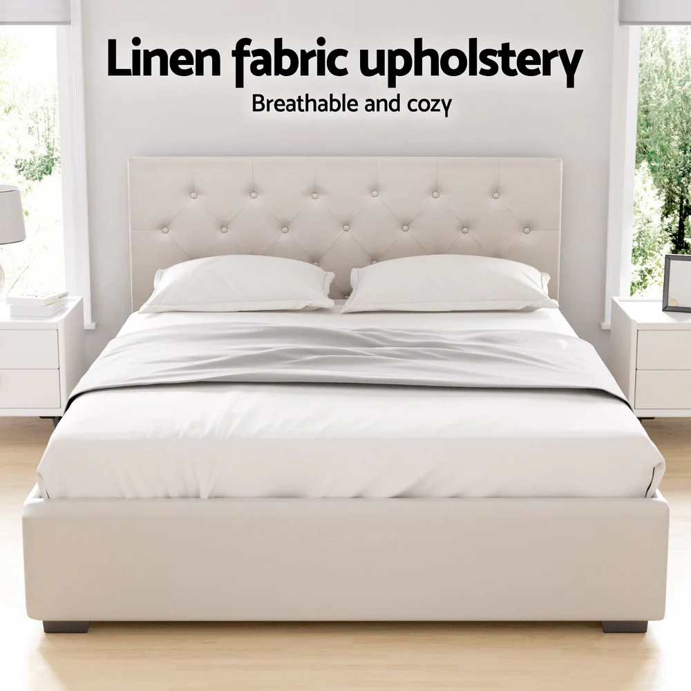 Artiss Bed Frame Double Size Gas Lift Beige VILA - Image 5