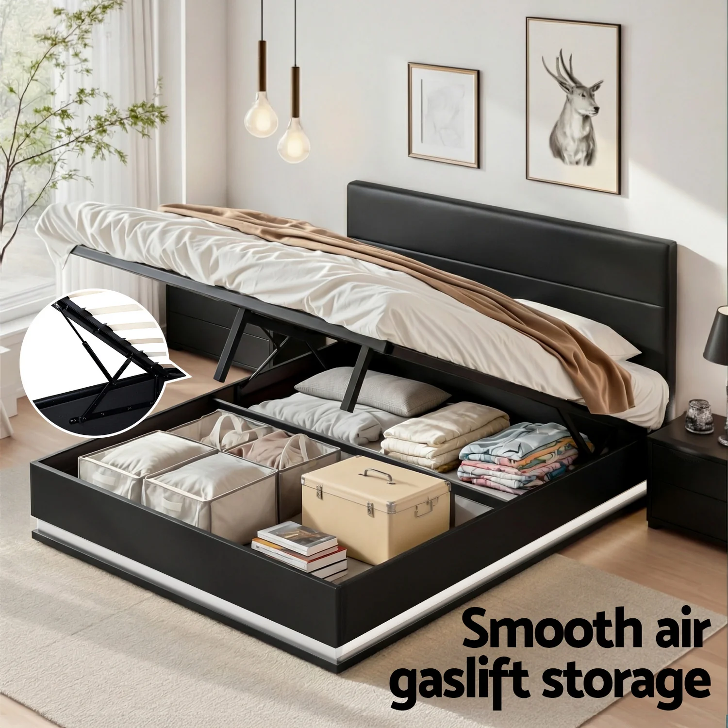 Artiss Bed Frame Double Size LED Gas Lift Black LUMI - Image 5