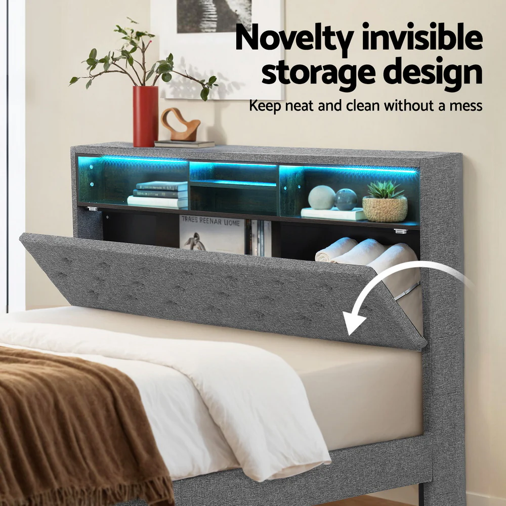 Artiss Bed Frame Double Size LED Mattress Base Platform with Storage Shelf Hidden Storage Box Grey - Image 6