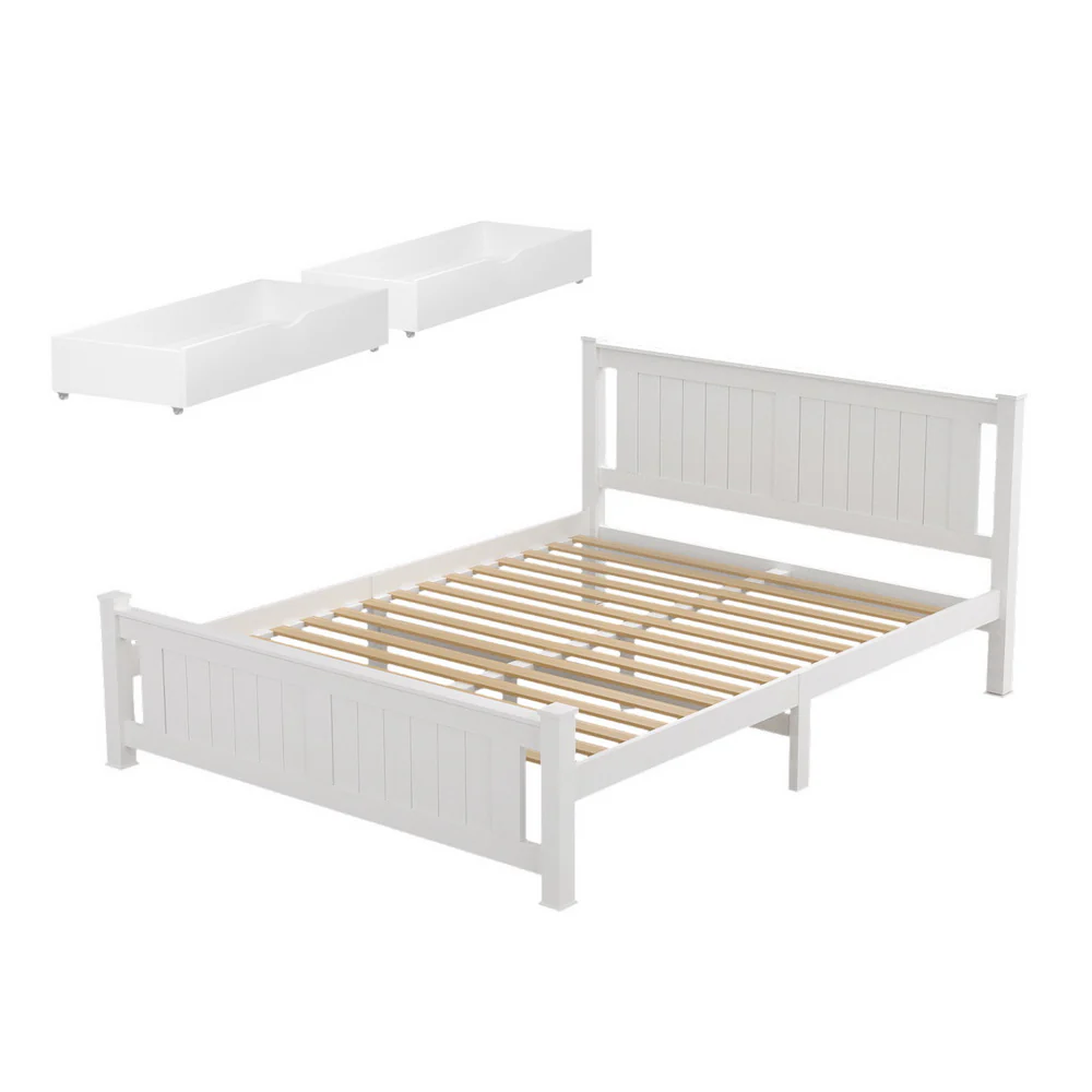 Artiss Bed Frame Double Size Wooden Platform with 2 Storage Drawers White RIO - Image 2