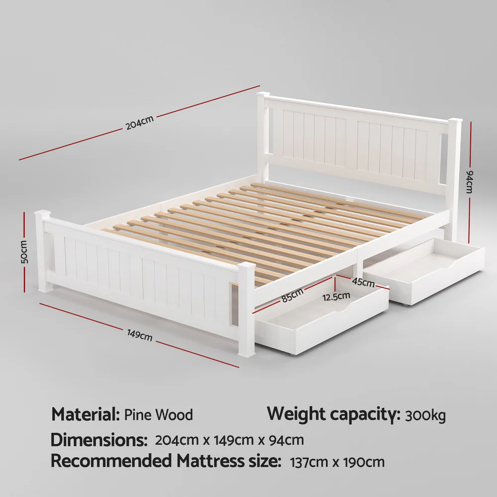 Artiss Bed Frame Double Size Wooden Platform with 2 Storage Drawers White RIO - Image 3