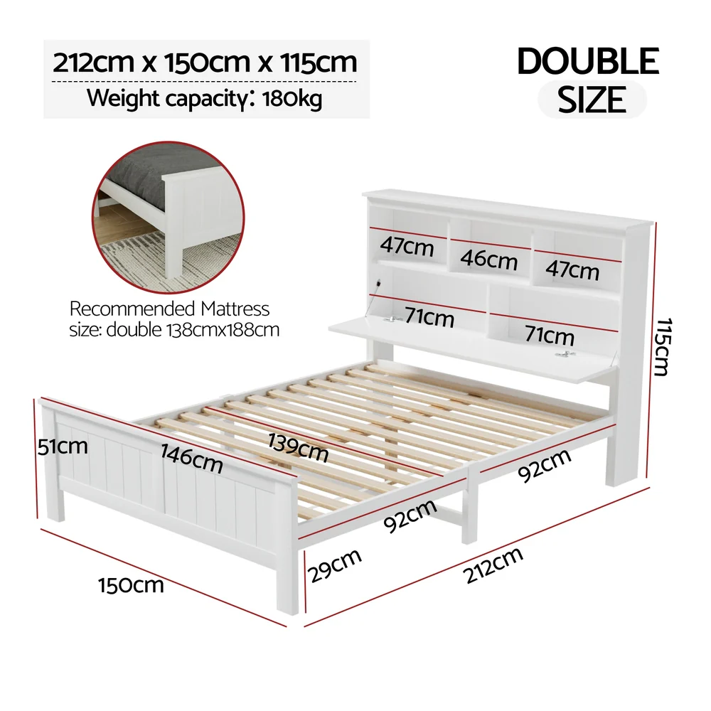 Artiss Bed Frame Double Size Wooden with 3 Shelves Bed Head White - Image 2