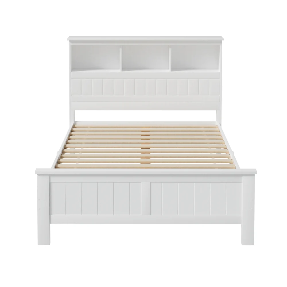 Artiss Bed Frame Double Size Wooden with 3 Shelves Bed Head White - Image 3