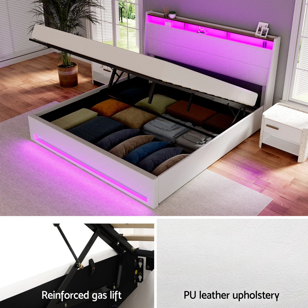 Artiss Bed Frame Gas Lift LED Beds Base Platform White PVC Leather Storage Headboard - King - Image 4
