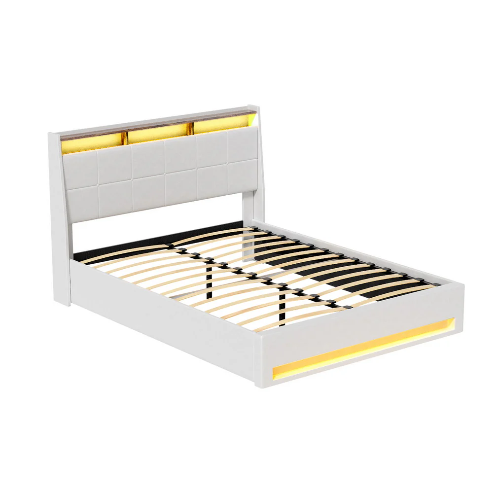Artiss Bed Frame Gas Lift LED Beds Base Platform White PVC Leather Storage Headboard - Queen
