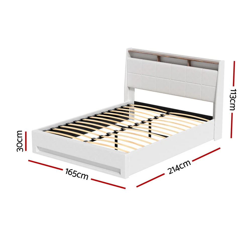 Artiss Bed Frame Gas Lift LED Beds Base Platform White PVC Leather Storage Headboard - Queen - Image 2