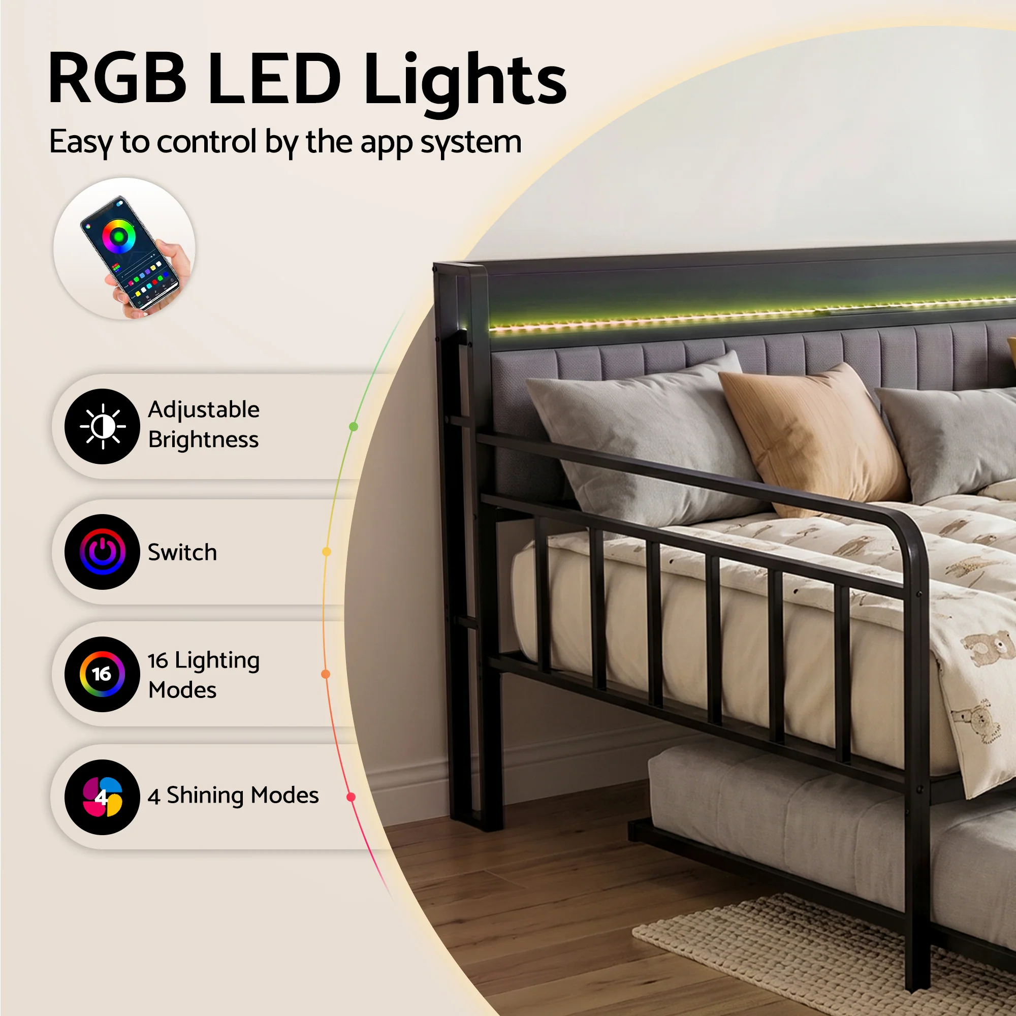 Artiss Bed Frame King Single LED Metal Trundle Daybed with Charging Station TURN - Image 6