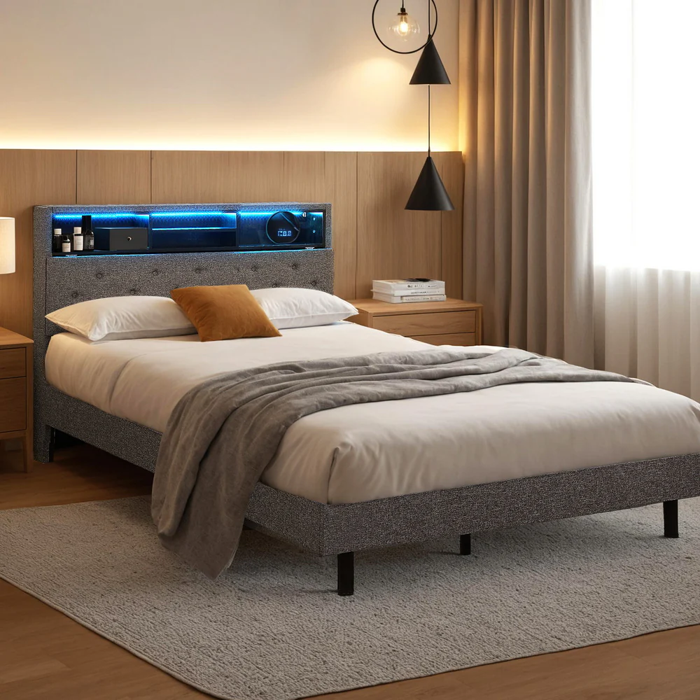 Artiss Bed Frame King Single Size LED Mattress Base Platform with Storage Shelf Hidden Storage Box Grey - Image 8